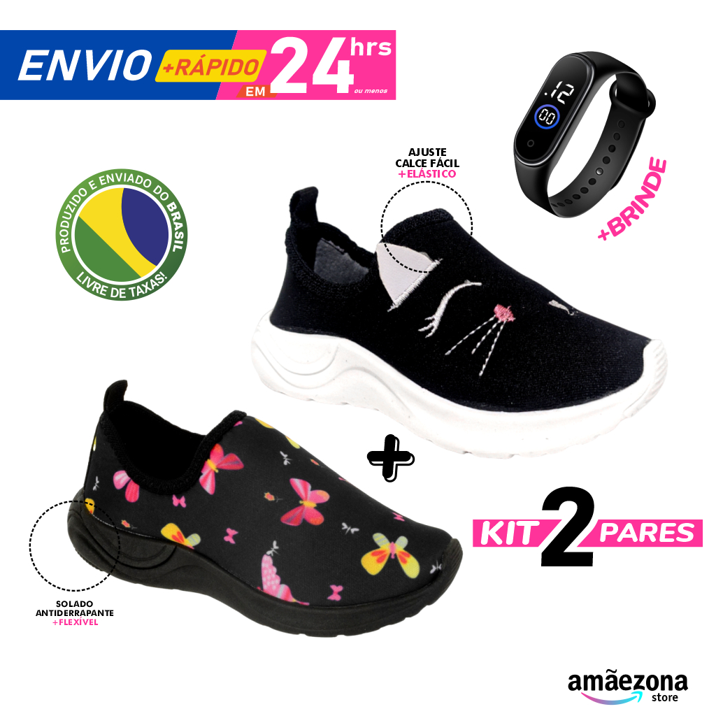 Kit 2 Tênis menina feminino estampa borboleta sola preta solado escuro confortável enfiar o pé em Oferta na Shopee