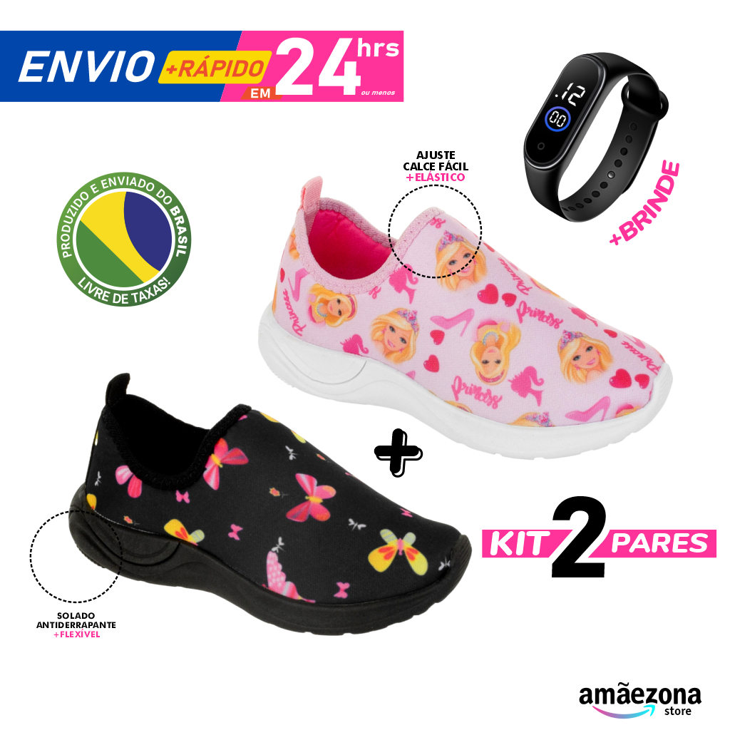 Kit calce fácil infantil menina 2 pares + relógio digital LED Estampado personagens bichinhos