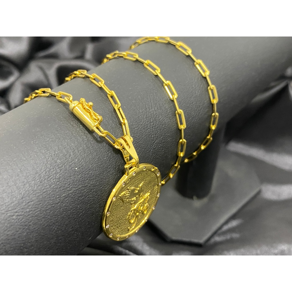 Corrente Cordão Cadeado Longa 3mm Fecho Canhão + Medalha Fé Moeda Antiga Banhado Ouro 18K
