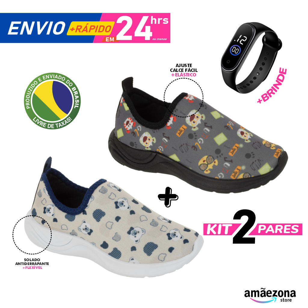 Combo Tenis menino Calce Fácil Infantil 2 Pares com Relógio LED Macio Leve Volta às Aulas Novidade