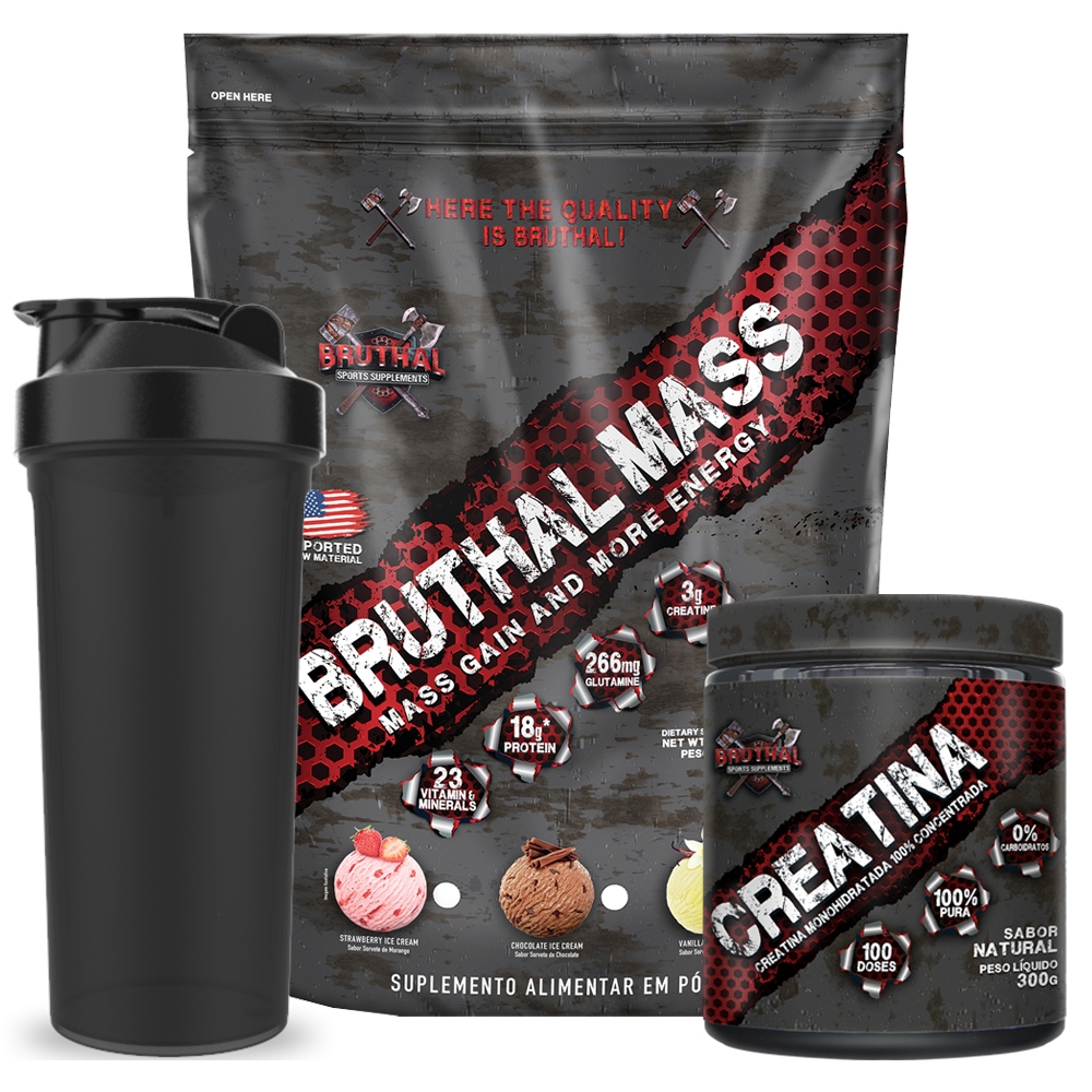 Kit Hipercalórico Bruthal Mass Energy 3Kg + Creatina Pura 300g + Coqueteleira - Bruthal Sports Supplements