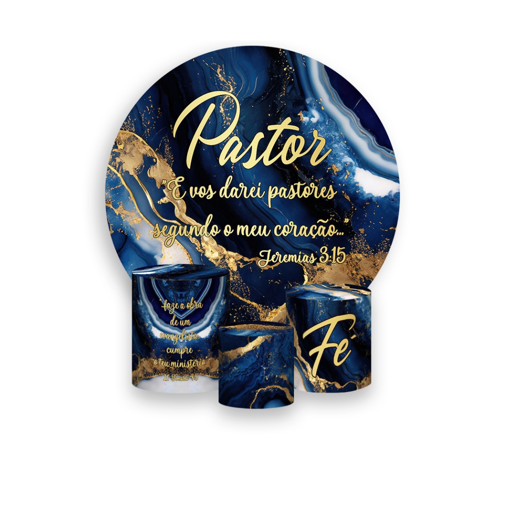 Painel De Festa Redondo + Trio De Capas Cilindro - Pastor Dourado Efeito Mármore Azul 040