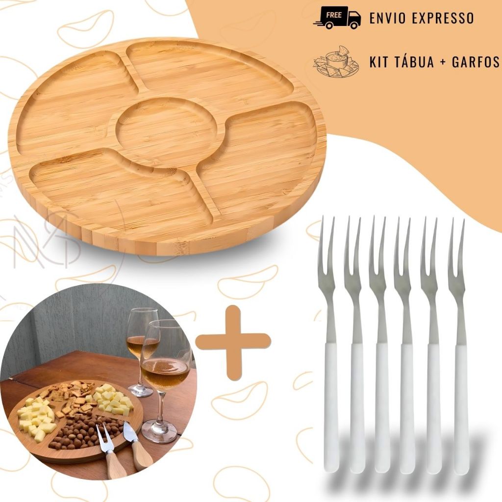 Kit Petisqueira Redonda + 6 Garfos Para Frios e Queijos Gamela MDF