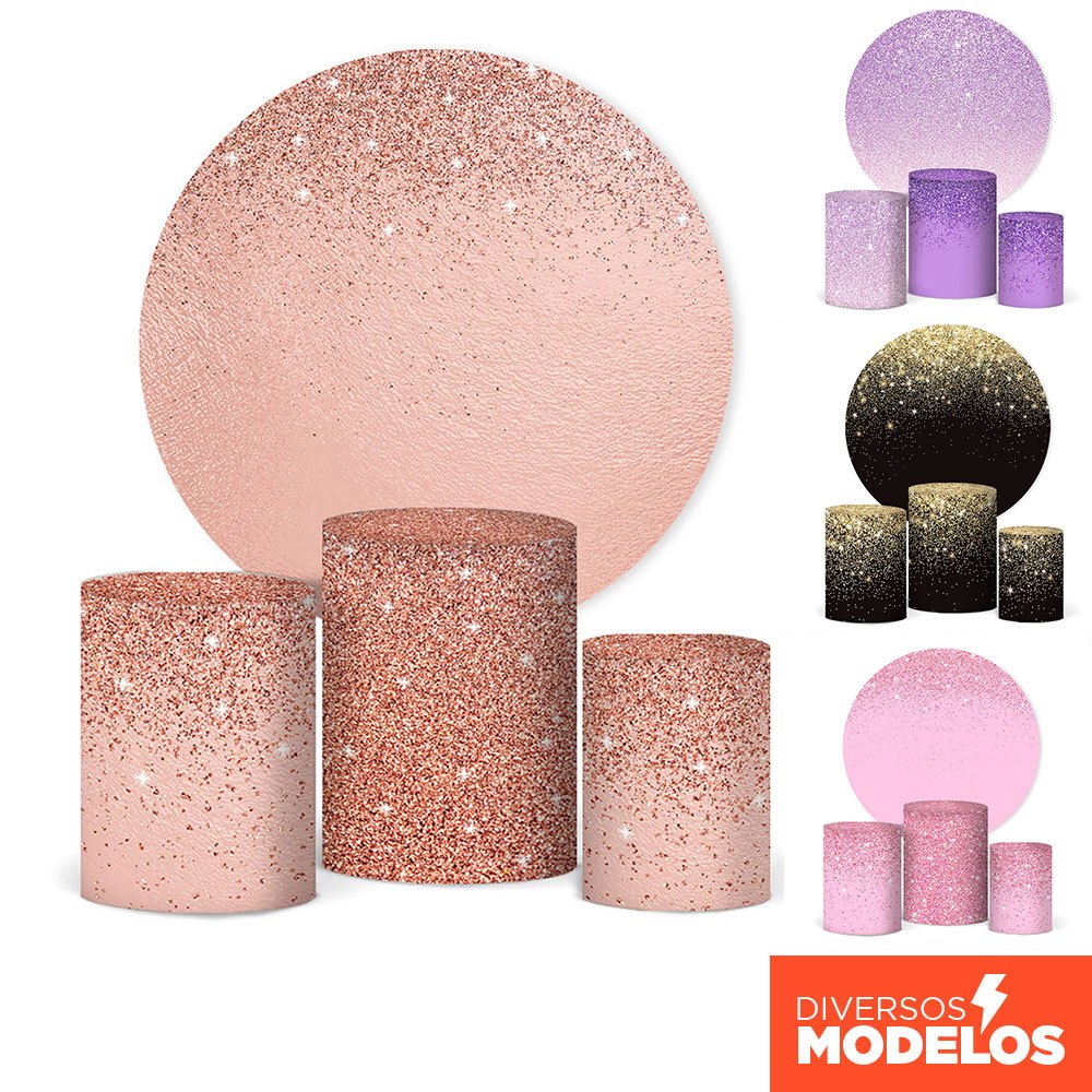 Trio Capa De Cilindro E Painel Redondo Festa Efeito Glitter Em Tecido Sublimado Veste Fácil em Oferta na Shopee