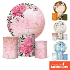 Trio Capa De Cilindro + Painel Redondo Flores Floral Em Tecido Veste Fácil