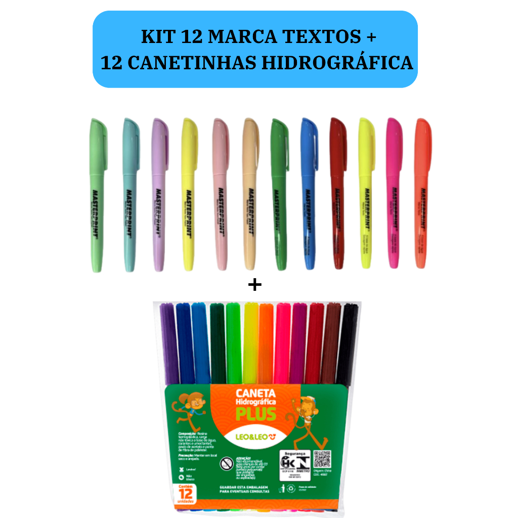 Kit 12 Marca Texto (6 Neon + 6 pastel) Masterprint  +  Caneta Hidrográfica 12 Cores Canetinha  Leo e Leo
