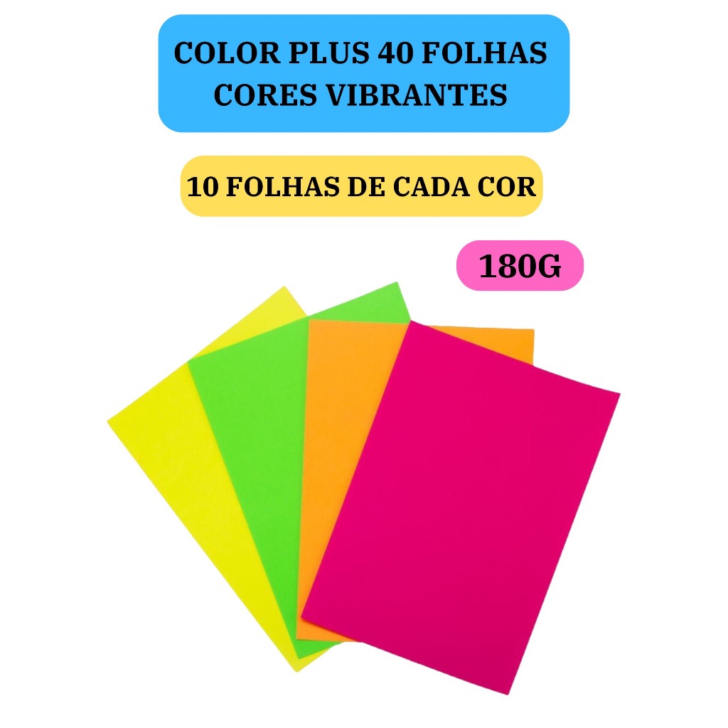 Papel Color Plus 180g Cores Vibrantes 40 Folhas A4 com 4 Cores Diferentes Masterprint