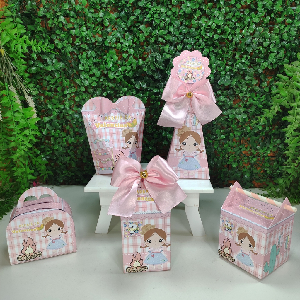 Kit Caixinhas Personalizada Festa Junina Rosa Lembrancinha Kit Festa Pegue e Monte
