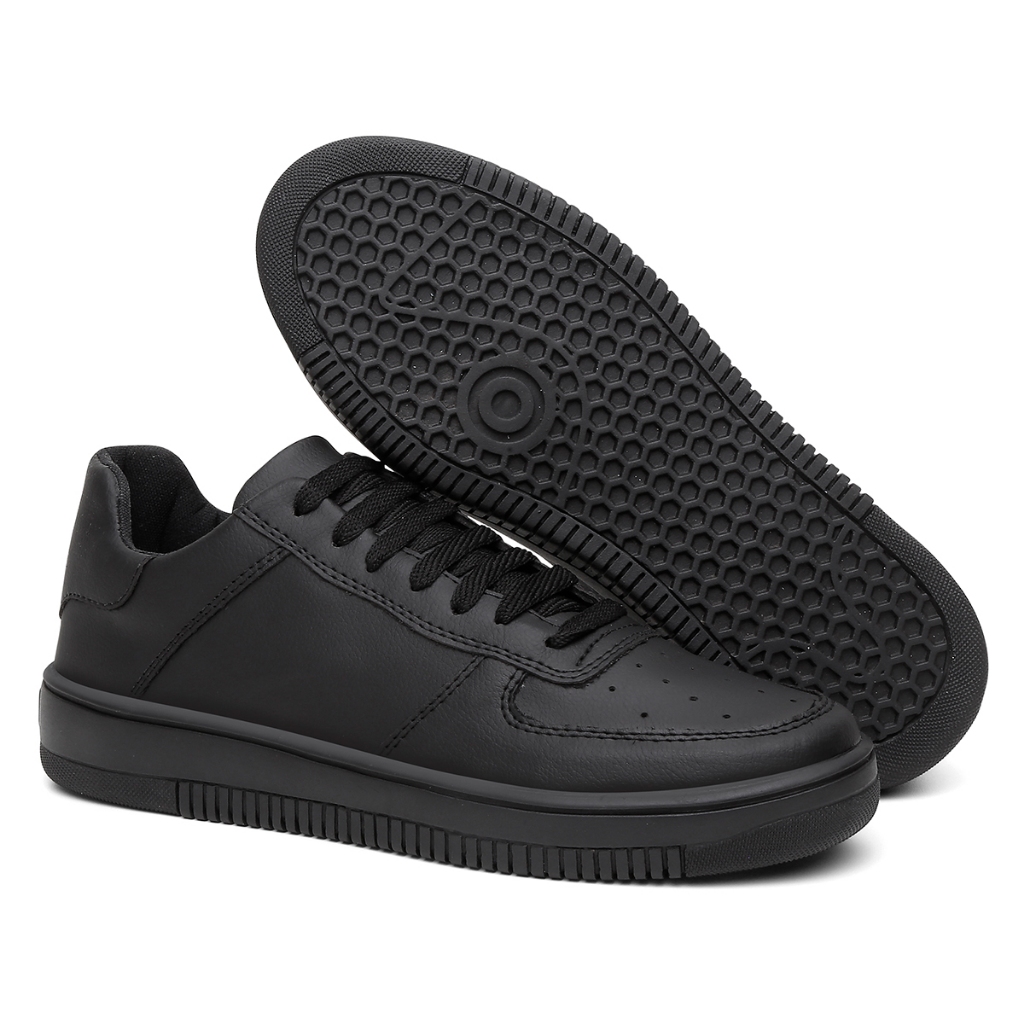 Tenis Force Air Masculino Academia Casual Caminhada Couro Branco Preto Leve Confortável