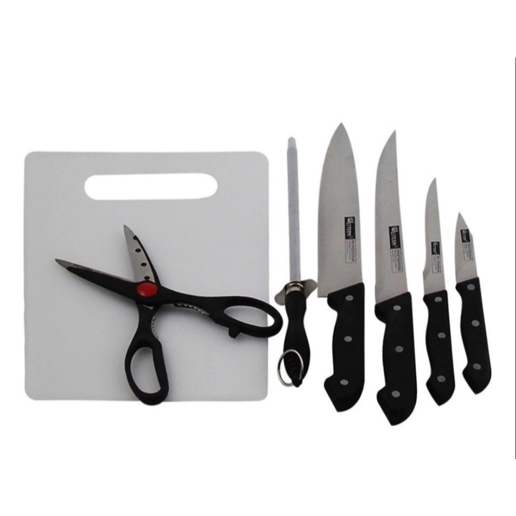 KIT DE FACAS EM ACO INOX PROFISSIONAL COM TABUA E CHAIRA 7 PECAS