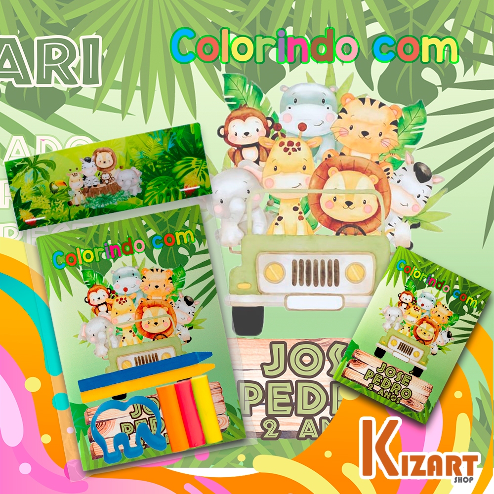10 Kit Colorir Mini Livrinho Capa Personalizada Safari Festa Infantil Giz Massinha + Molde