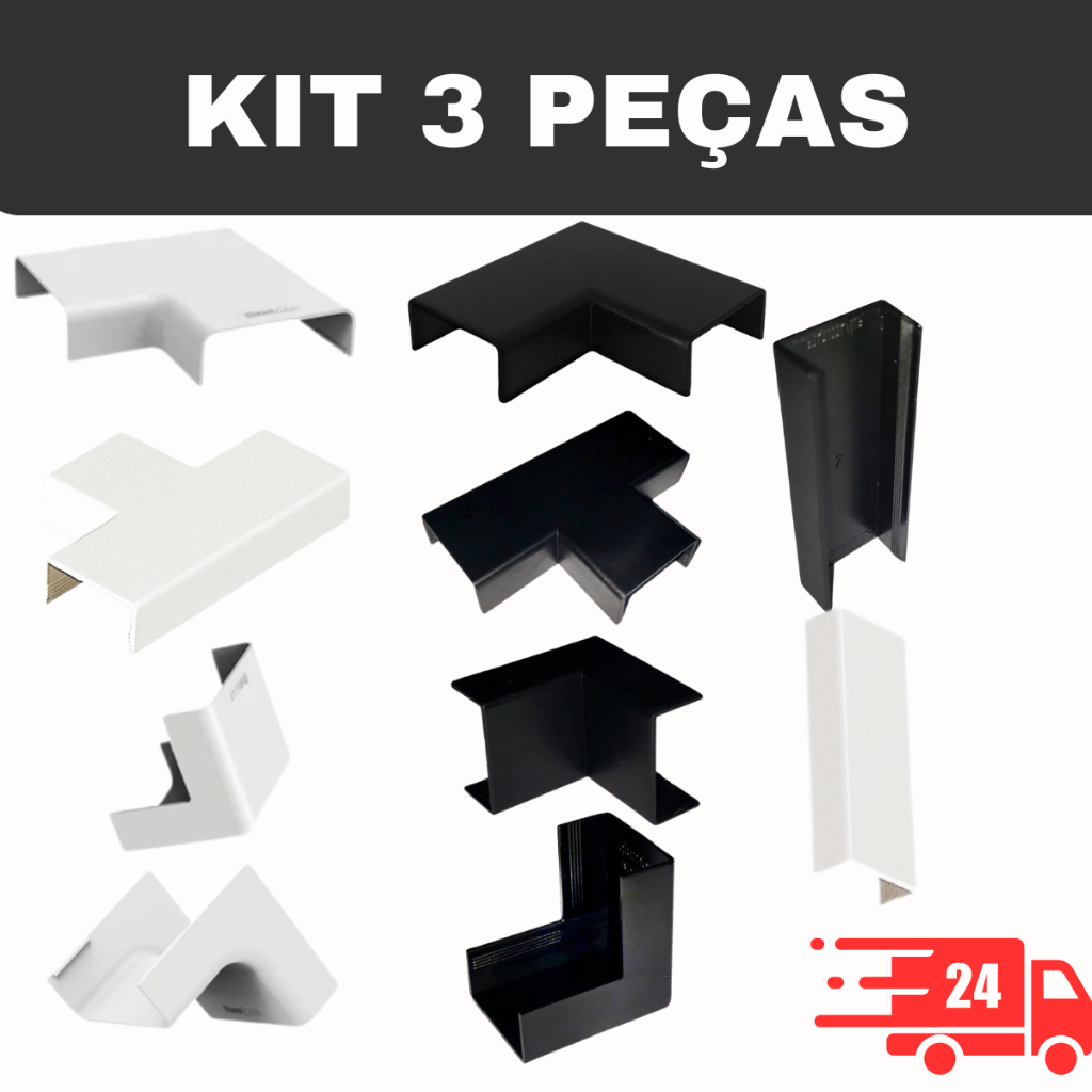 3 Pçs Acabamento Canaleta 20x10mm Emenda Conectores PVC Luva Tê Cotovelo Branca ou Preta