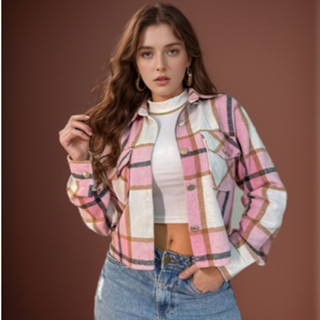 Casaco feminino de flanela xadrez de manga comprida