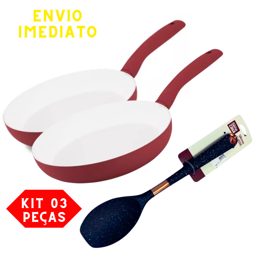 Kit 03 Peças 02 Frigideiras 26 Cm Antiaderente e 01 Espátula de Silicone Utensílios de Cozinha