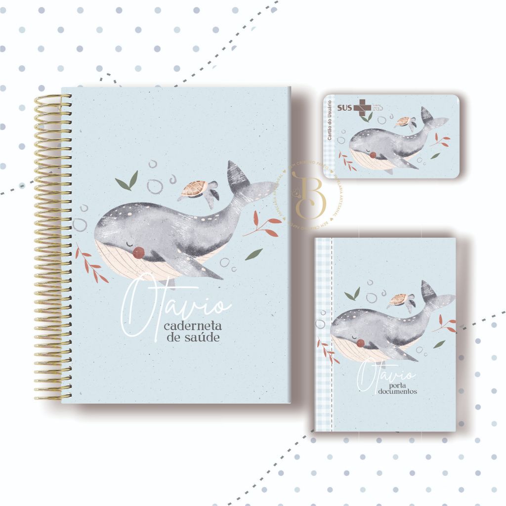 KIT CADERNETA FUNDO DO MAR + PORTA DOCUMENTOS PERSONALIZADO COM NOME