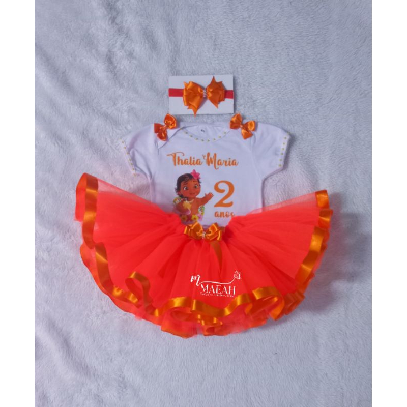 Fantasia Infantil Moana Baby Laranja RN E Infantil Conjunto Body Personalizado Saia e Laço de cabelo Infantil