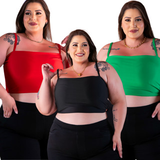 Kit 3 Top Cropped Feminino Plus Size Suplex Alcinha Forrado Blusinha Plus Size Tamanho Gra...