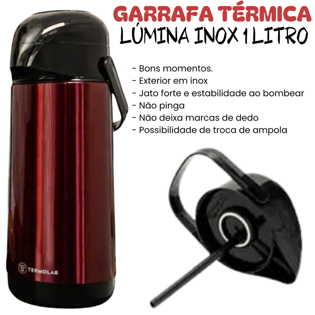 GARRAFA TERMICA TERMOLAR LÚMINA INOX 1 LITRO INOX BORDÔ MARSALA OU PRATA INOX 12H QUENTE E 24H FRIO.