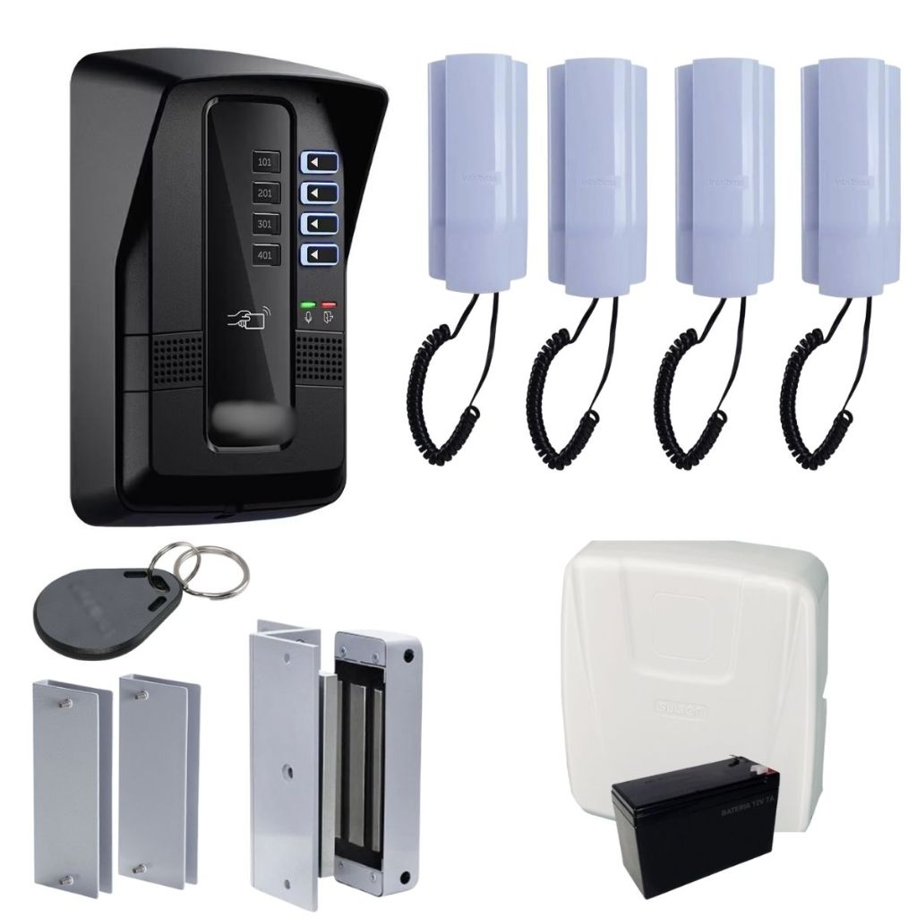 Kit Porteiro Coletivo Interfone 4 Pontos Intelbras Com Fechadura Eletroima e 10 Tags