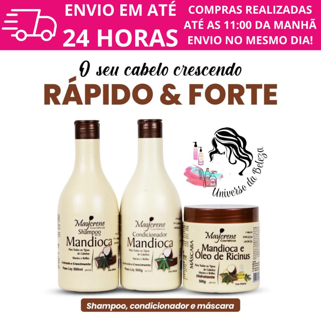 Kit Shampoo Condicionador e Mascara Capilar Mandioca Estimula Crescimento Cabelo Forte e Saudável Maycrene