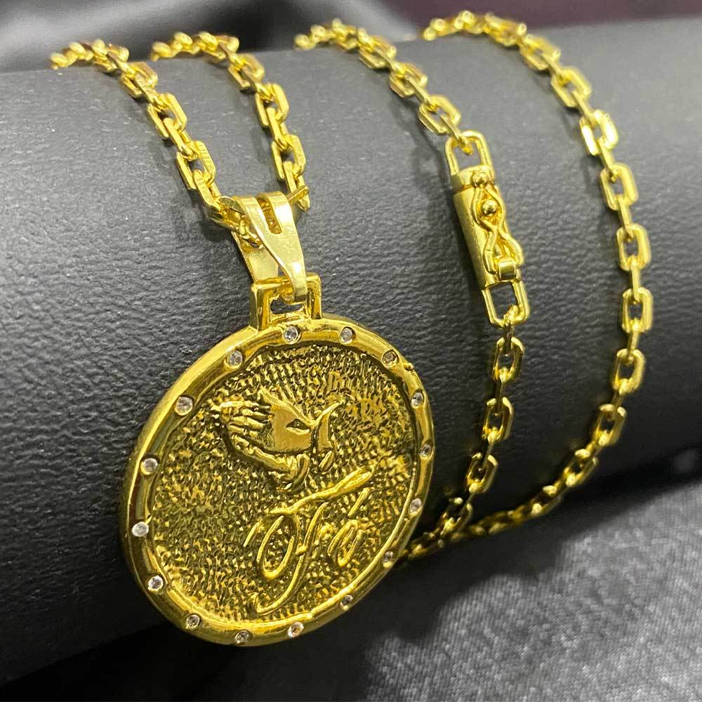 Corrente Cordão Cadeado  3mm Fecho Canhão + Medalha Fé  Moeda Antiga Banhado a Ouro18K