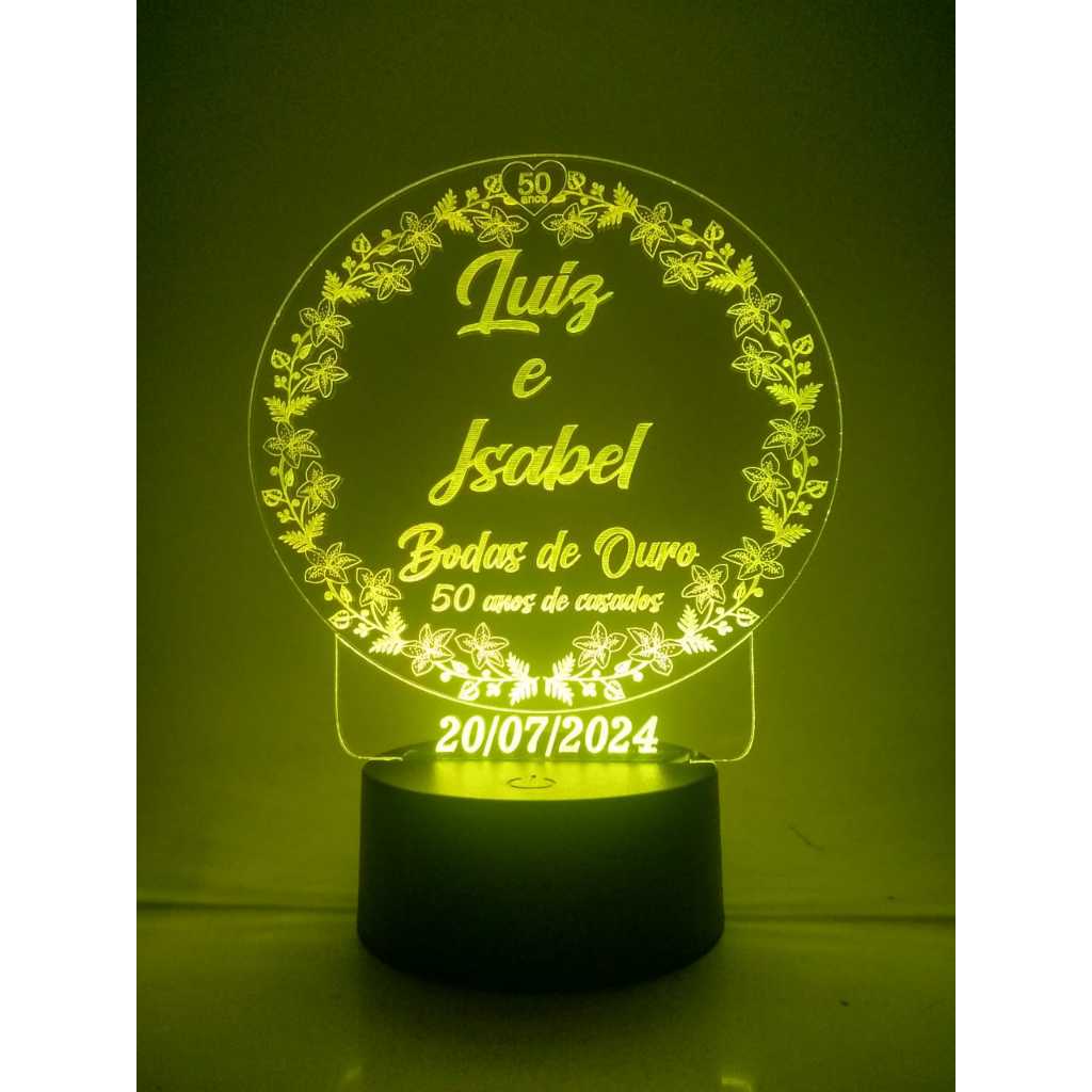Luminária Bodas de ouro com nomes e datas gravados 16 cores em Oferta na Shopee