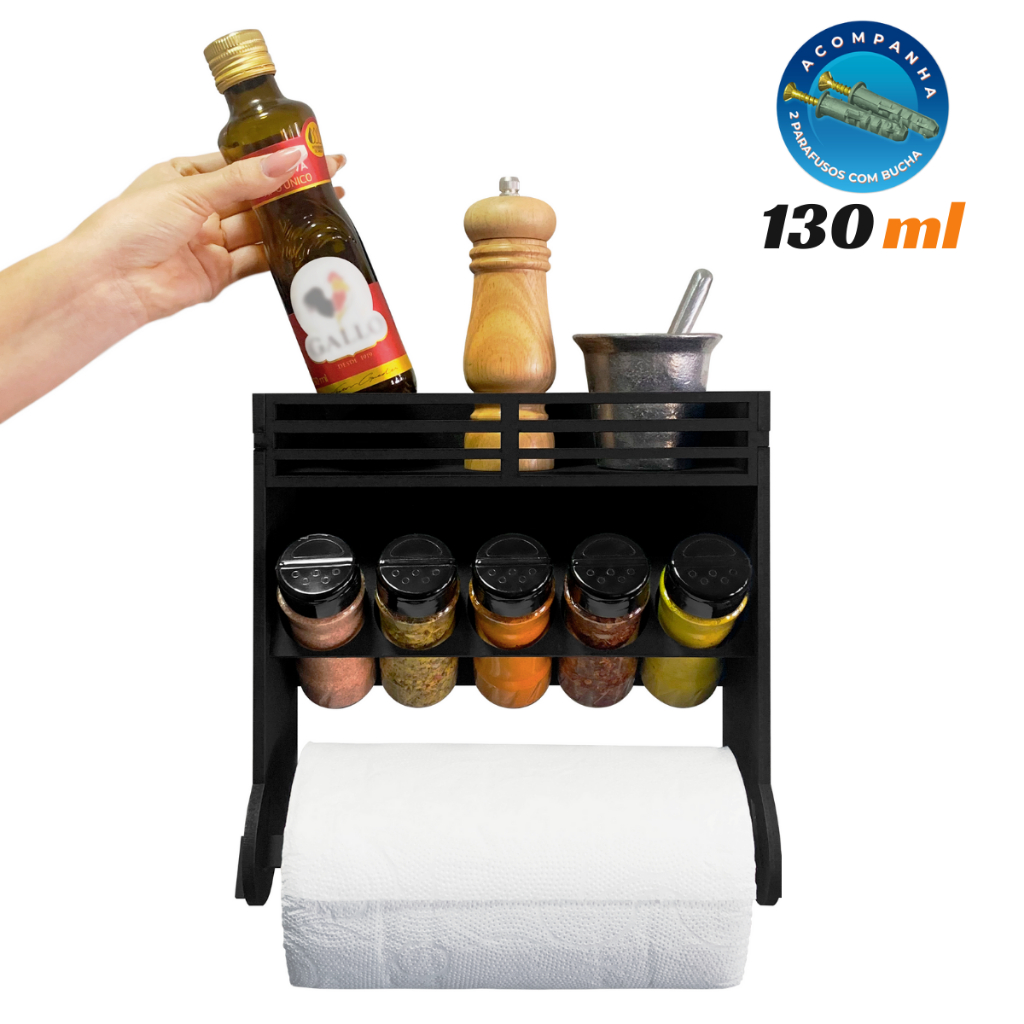 Porta Tempero de Parede com Suporte Papel Toalha + 5 Potes 130ml Tampa Dupla com Buchas e Parafusos em Oferta na Shopee