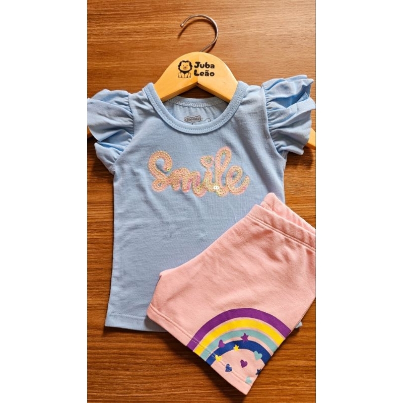 Conjunto infantil feminino Blusa e Shorts Smile - | Azul Claro e Rosa Claro - Tile e Sul- Tam G (9 a 12M)