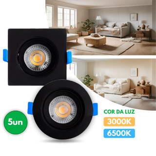 Luminária Led Spot 5W 7W Preto Redondo Quadrado Embutido Branco Frio Quente Bivolt 1/3/5UN ALTO