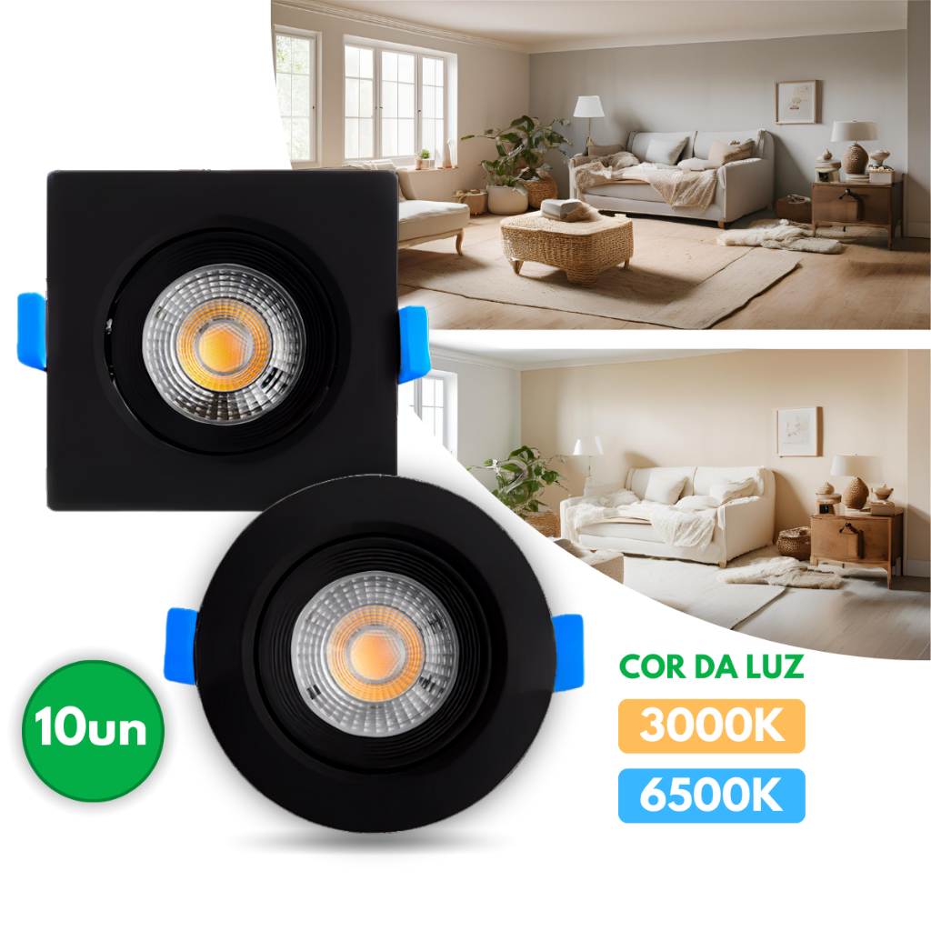 Kit Luminária Led Spot 5W 7W Preto Bivolt Embutido Branco Frio Quente Redondo Quadrado - 100CEM em Oferta na Shopee