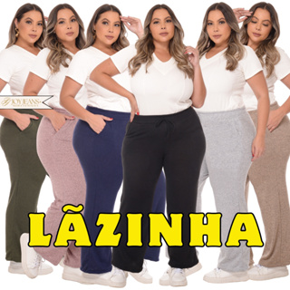 Calça Pantalona Plus Size Feminina Lanzinha Cintura Alta Lã Com Bolso Moletinho em Oferta na Shopee