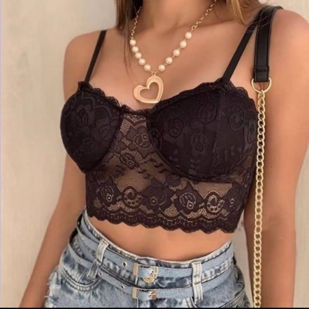 Top renda Cropped  femininas sutiã meia taça em Oferta na Shopee
