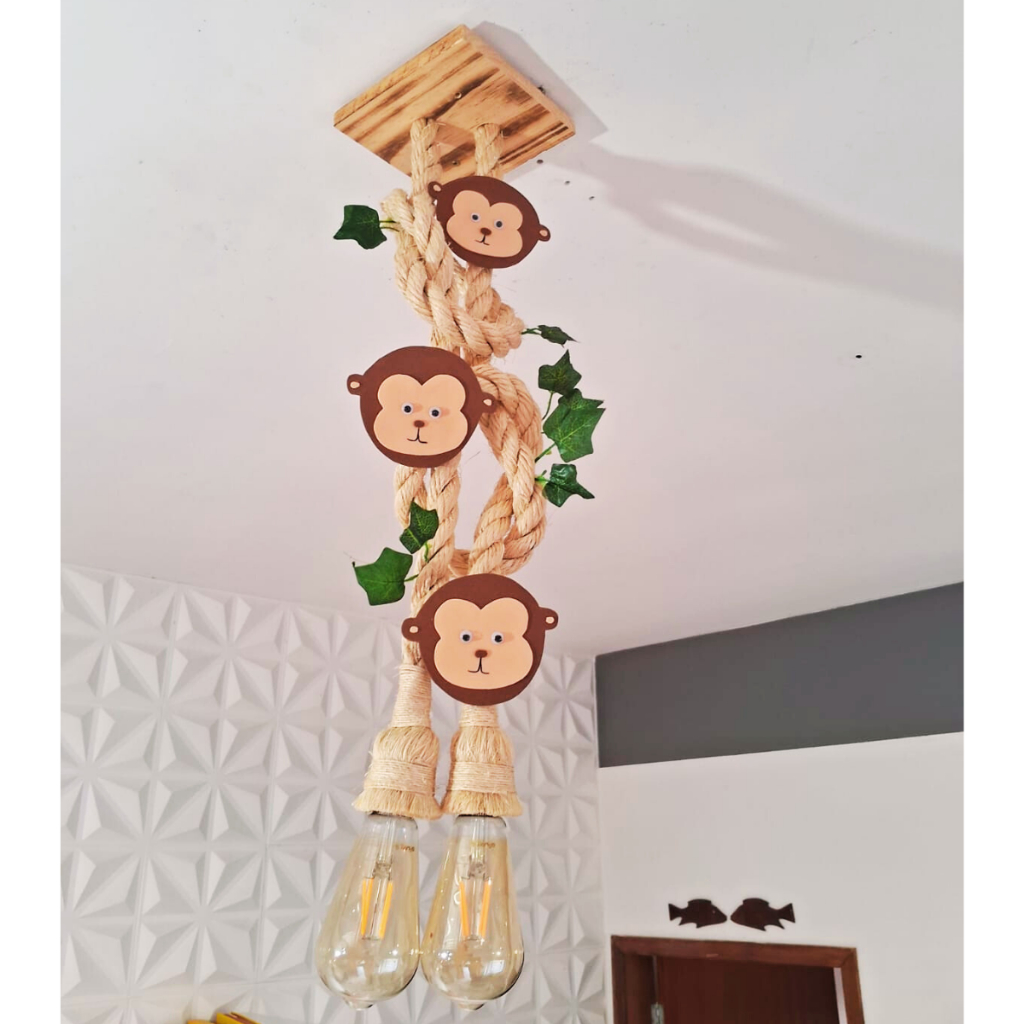 LUSTRE LUMINÁRIA DE TETO PENDENTE CORDA DECORAÇÃO QUARTO INFANTIL FOLHAS SAFARI