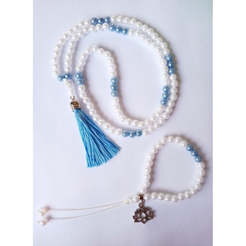 Imagem Japamala 108 Contas Pérola Branca Com Azul + Pulseira 27 contas Rosário Budista Meditação Ref:43