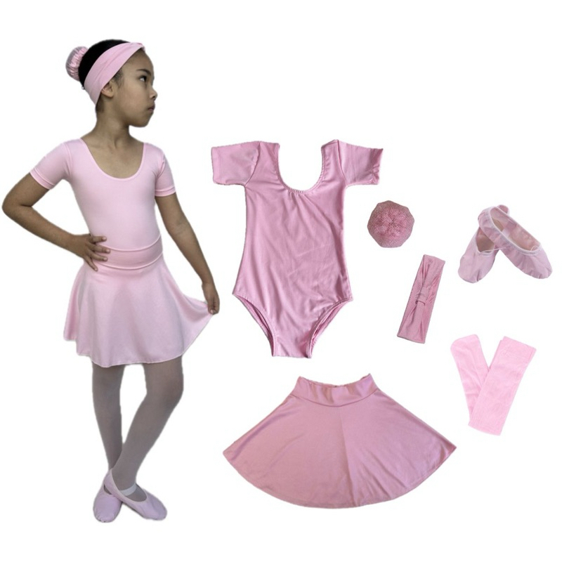 Kit Ballet Infantil e Juvenil - 6 itens/ uniforme para dança completo - (Saia Cós e Collant Com Manguinha) - ROSA