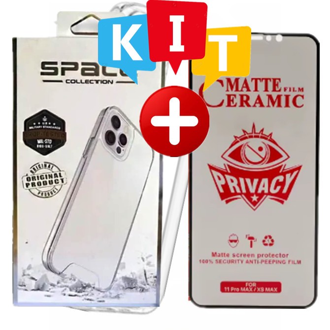 KIT- Capinha Capa Space ORIGINAL Transparente Anti Impacto TPU + Película 9D 3D Ceramica Privacidade Fosca Anti Spy para Para Apple IPhone 7 8 Plus X Xr Xs Pro Max 11 12 13 12 Mini 13 mini Policarbonato (Não Amarela)