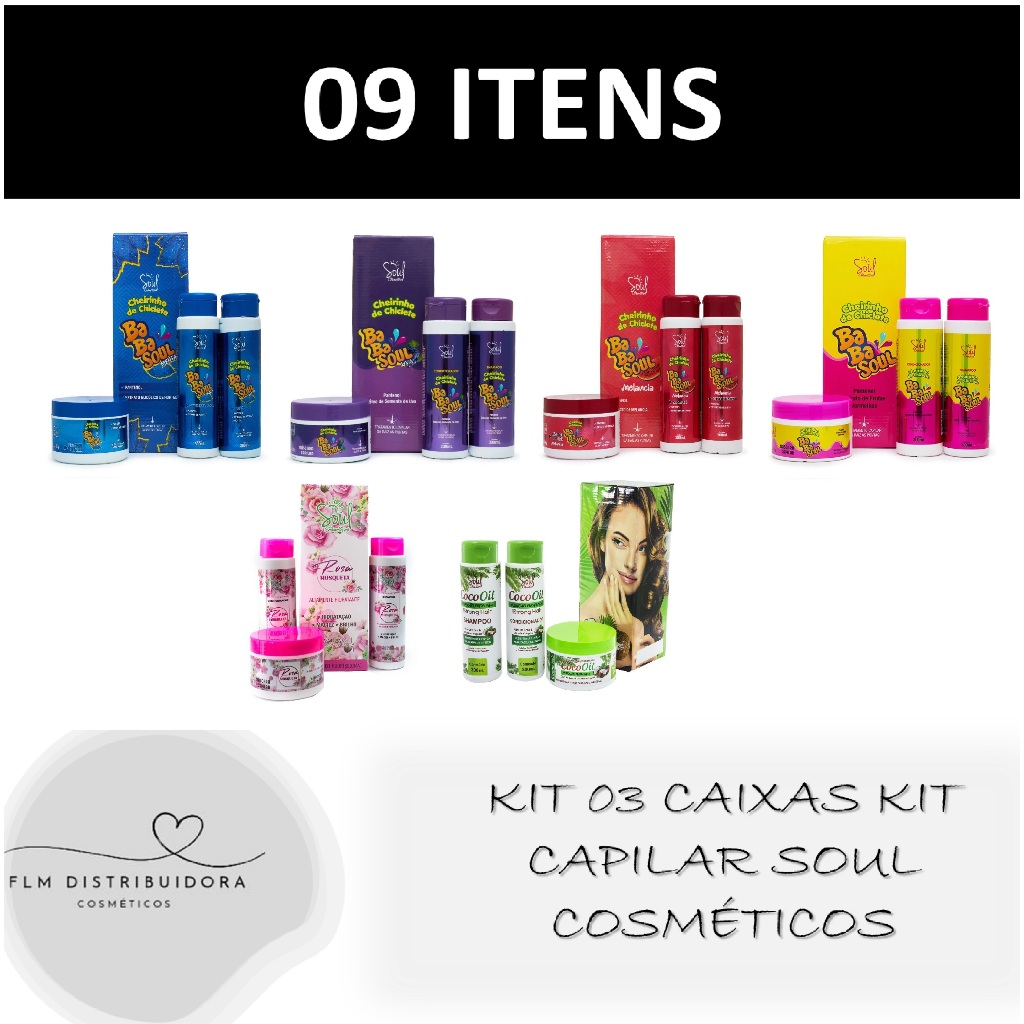 Pack Sortidos 03 caixas Kit Capilar Soul Cosméticos Sh+Con+Masc