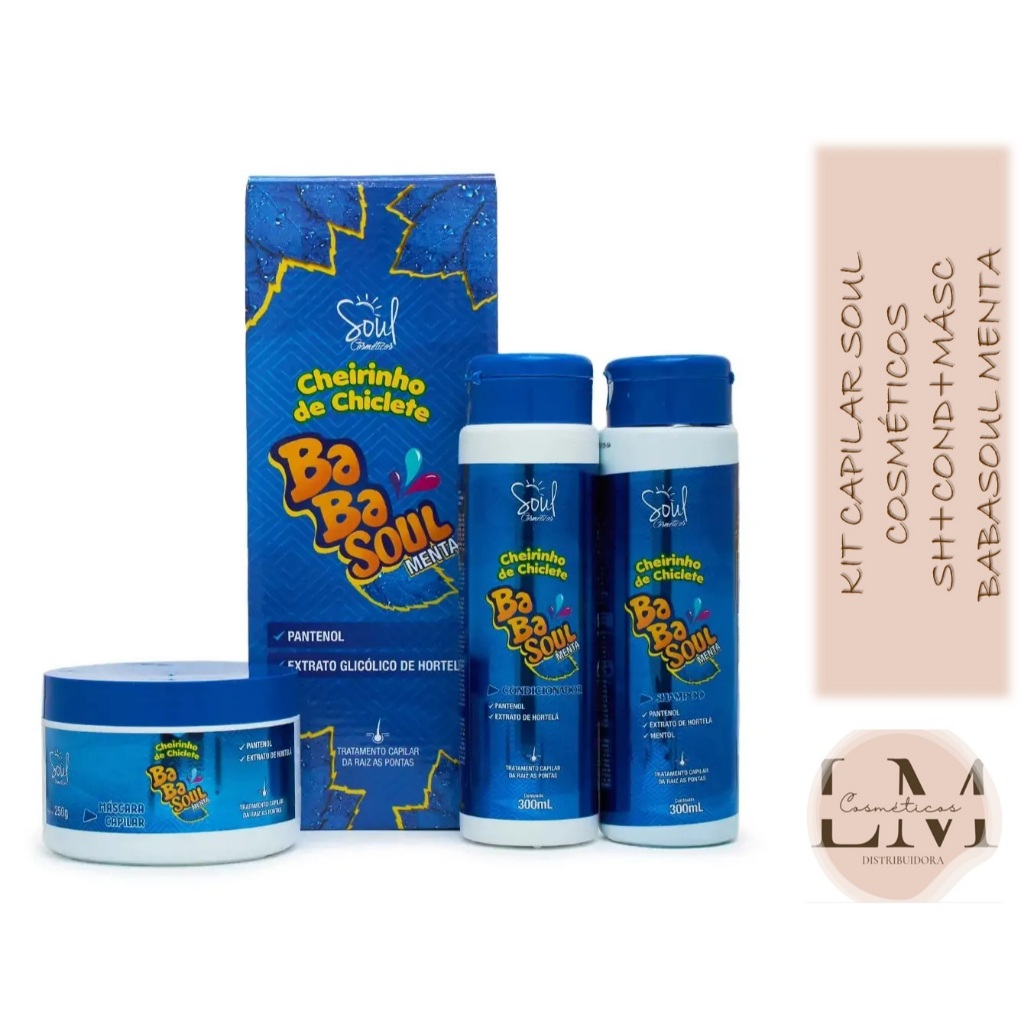 Kit Capilar 3 Peças Cheirinho de Chiclete Babasoul Menta Soul Cosméticos ( Sh 300ml + Cond 300ml + Mascara 250ml )