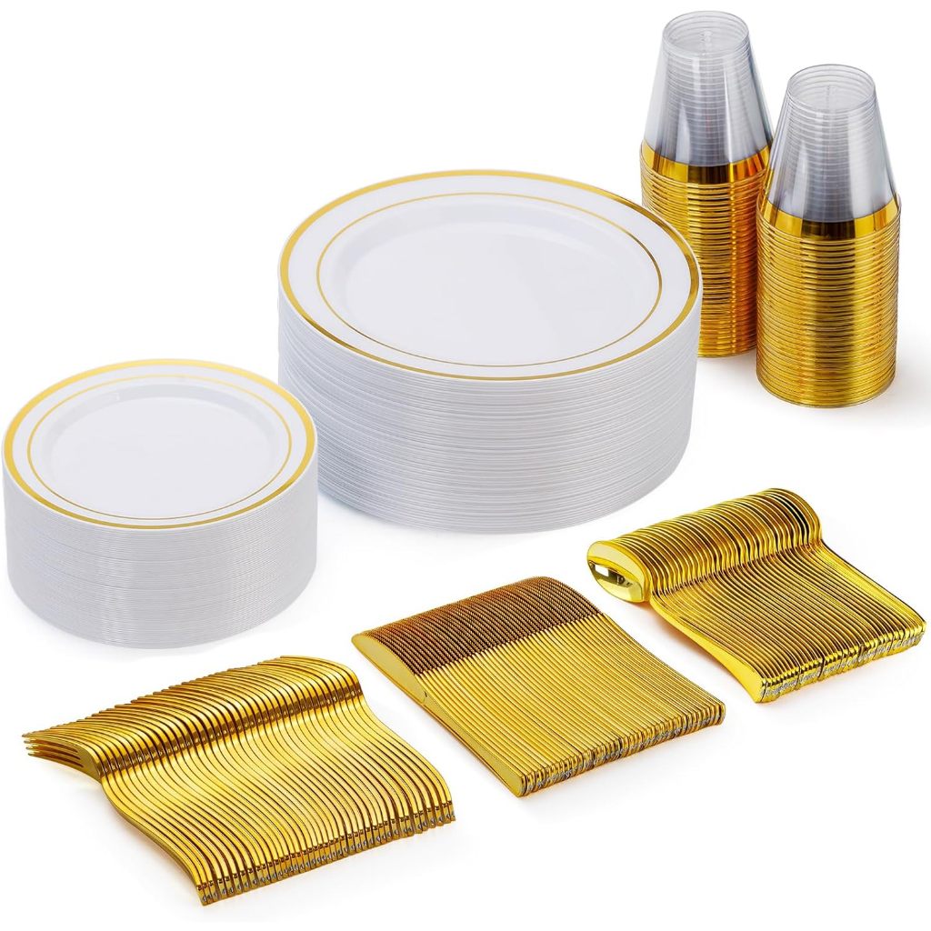 150peças dourado luxo talheres descartáveis +pratos + copos conjunto completo para 25pessoas