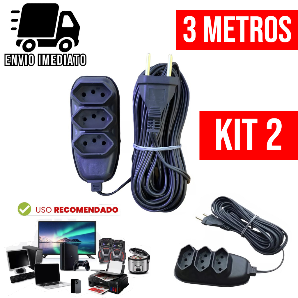 Kit 2 Extensão Elétrica 3 Metros Bivolt com 3 Tomadas 110v 220v Tripolar Alexa Compacta
