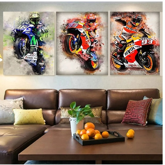 Quadros decorativos Motos e motoqueiros cores (3 peças)