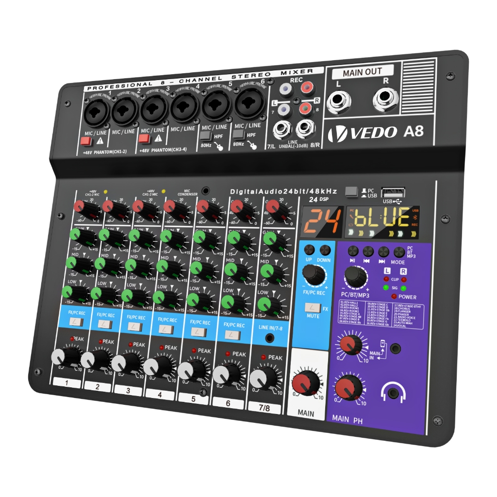 Professional Audio Sound Mixing Console, 8 Channel Mixer, Interface USB, Entrada de Computador, 48V Phantom Stage