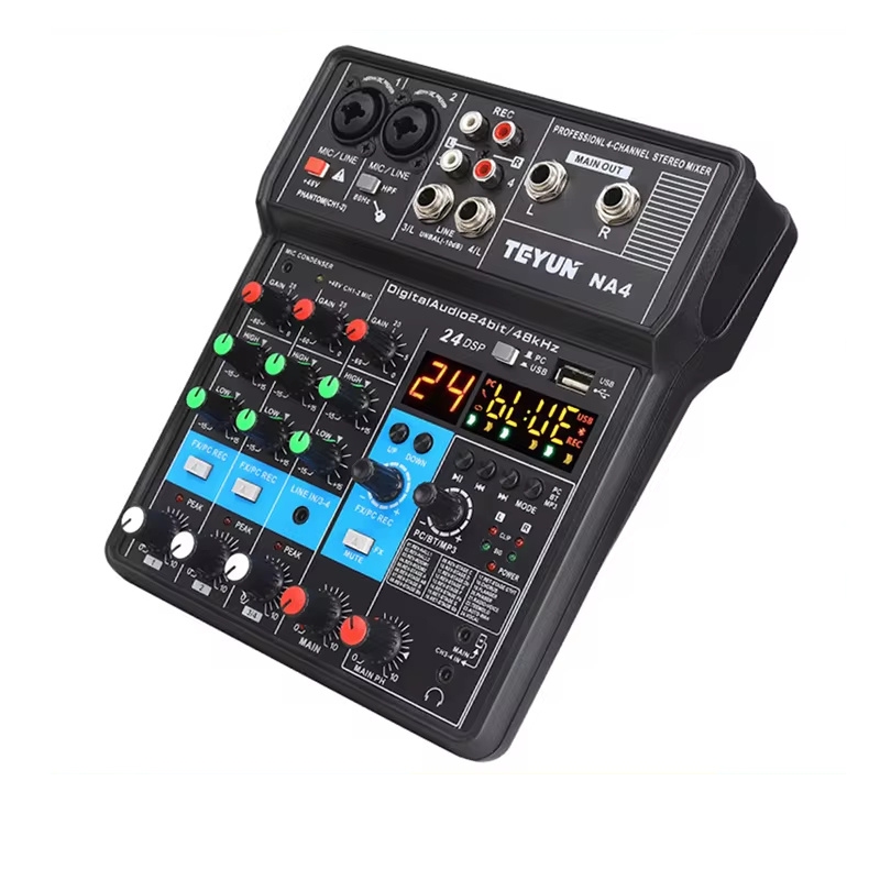 TEYUN 4-Channel Mini Audio Mixer Sound Card Professional Sound Mixer Console Computer Input 48v Power USB Computer em Oferta na Shopee