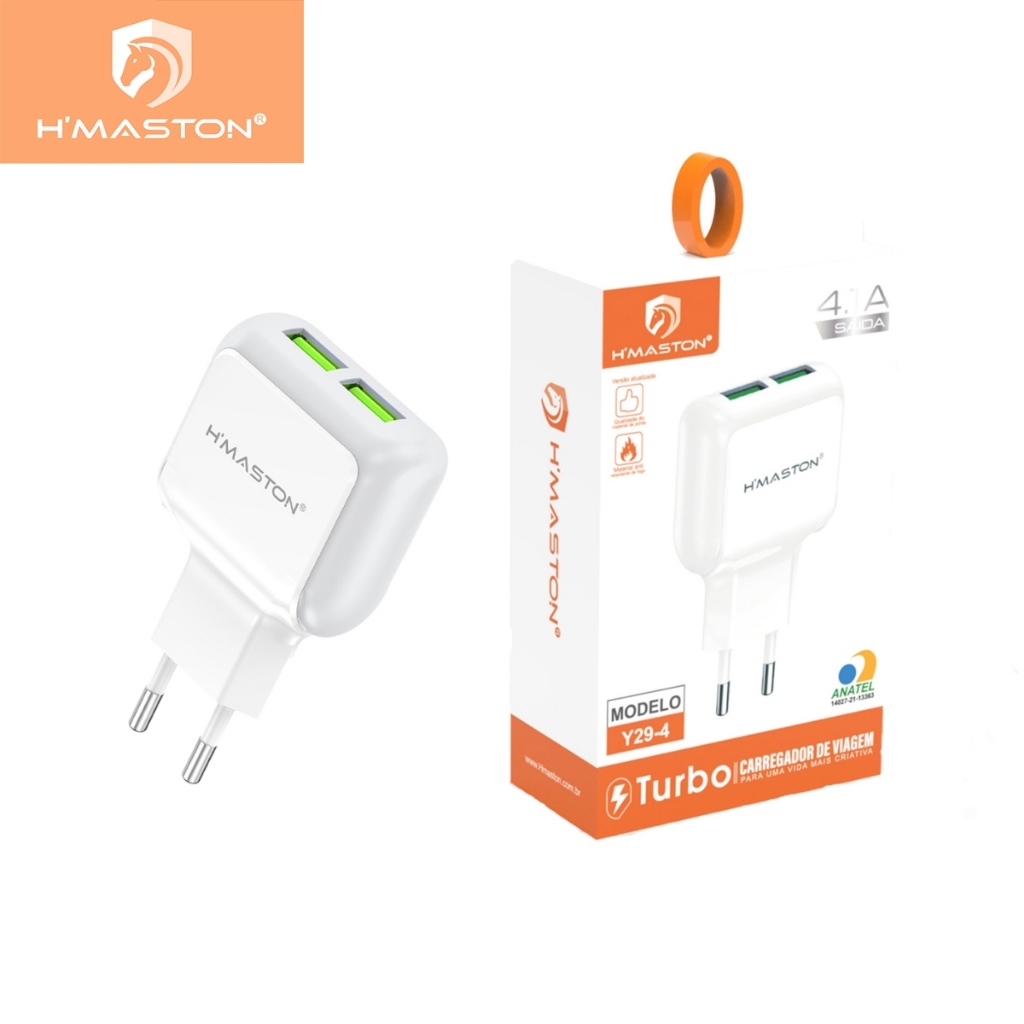 H'maston Y29-4 Carregador 2 USB Saída 5V2A Entrada 100-240V, Aprovado Pela ANATEL, a Qualidade Original do Produto é Garantida
