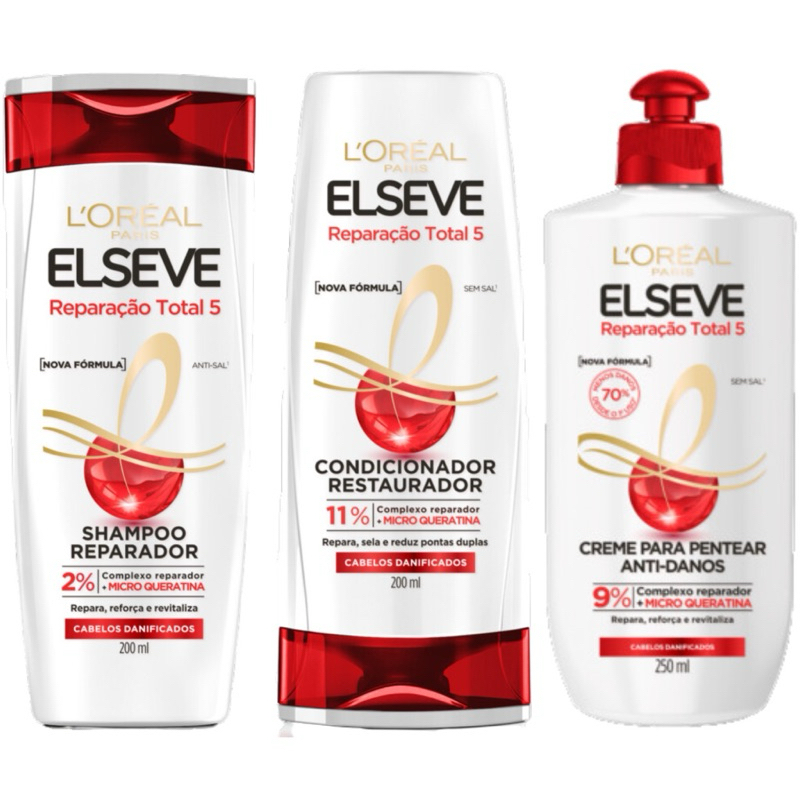 Kit Elseve Reparação Total 5 - Shampoo, Condicionador e Creme de Pentear