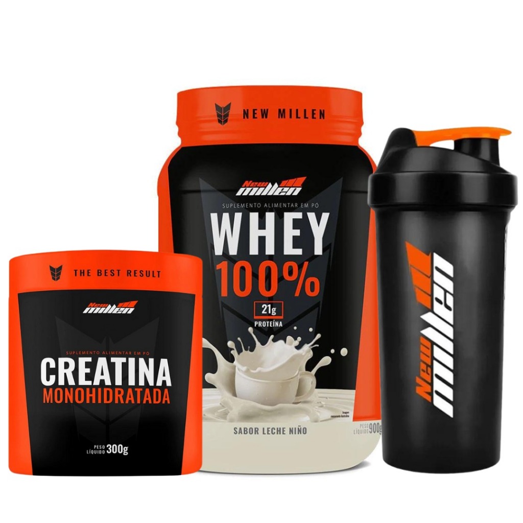 Kit 100% Whey 900g + Creatina 300g + Coqueteleira - New Millen