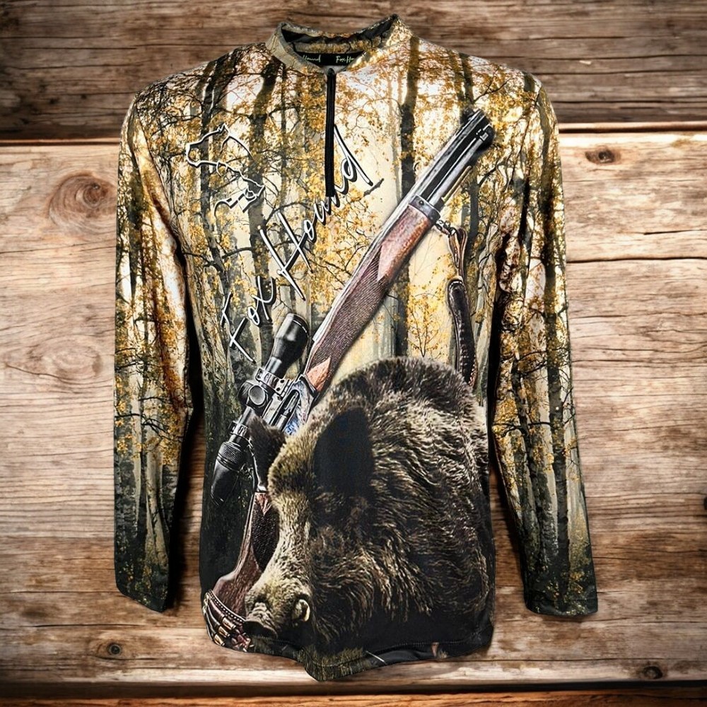 Camiseta Masculina Fox Hound Marrom e Preta Com Zíper Manga Longa Com Estampa de Javali UV50+ Ref.35770
