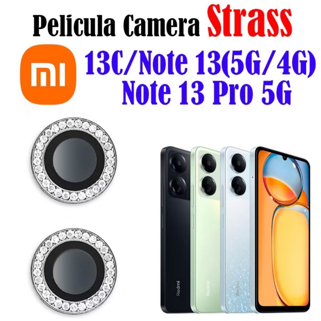 Kit (2pcs) Película Câmera Diamonte REDMI NOTE 13 PRO 5G/13C / NOTE 13 4G/5G  / X6PRO / NOTE 13PRO PLUS / X5PRO Protetor da Lente com Strass Brilhente Anti Risco Proteção