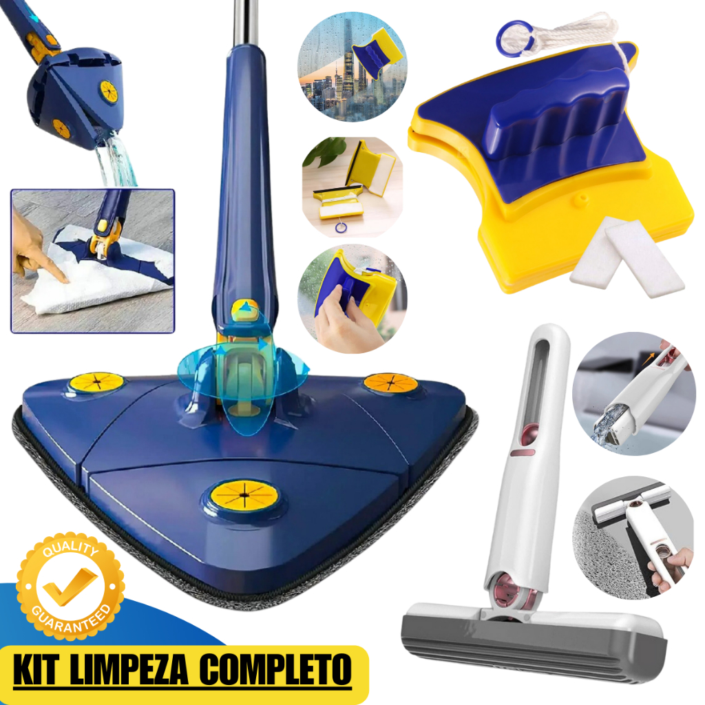 MOP Limpeza Esfregão Triangular Banheiro + Limpa Vidros Magnético Imã + MOP Portátil Rodo Mágico KIT