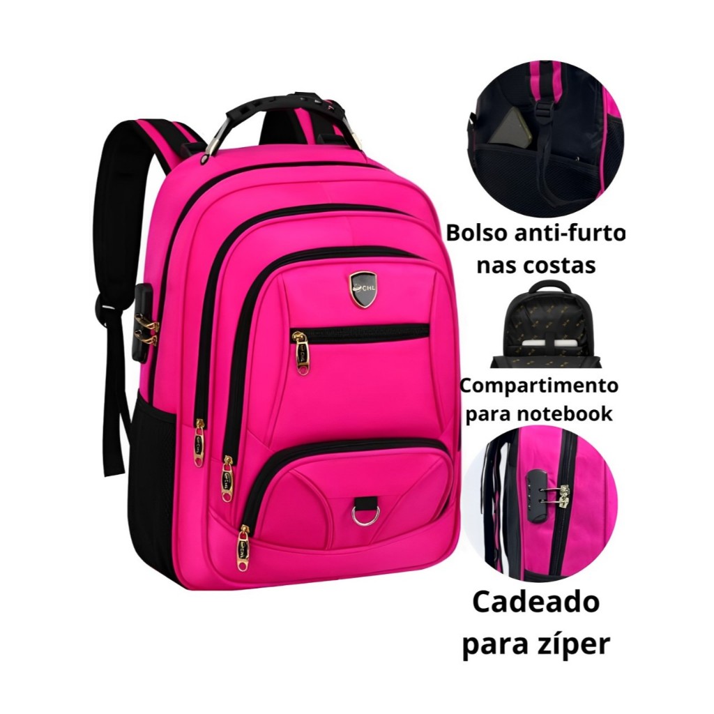 Mochila Masculina Impermeável Anti-Furto Com Cadeado Bolso Nas Costas Reforçada Grande  CHL 48A-65